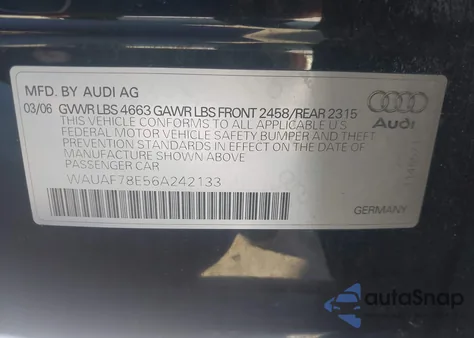 2006 Audi A4 2.0T z USA, uszkodzony, nr VIN WAUAF78E56A242133